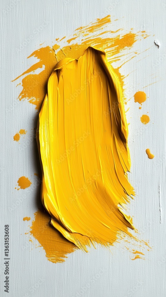 Poster vivid yellow paint stroke on textured white canvas creating a bold artistic statement abstract art p