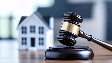 Legal Gavel and Model Home Representing Real Estate Law and Auction Property Bidding Process