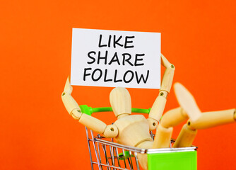 Like share follow symbol. Concept words Like Share Follow on beautiful white card. Beautiful orange...
