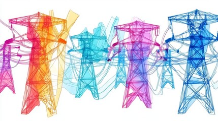 Colorful abstract representation of power lines and energy transmission in a digital style.