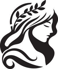 Serene woman with flowing hair adorned by a leaf crown, a minimalist black and white portrait.