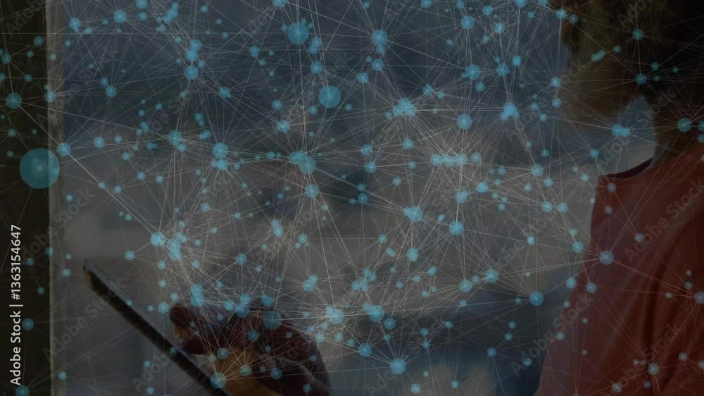 Poster using tablet, person viewing network connections and data processing overlay