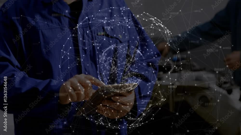 Poster technician using tablet with digital network and data processing animation overlay