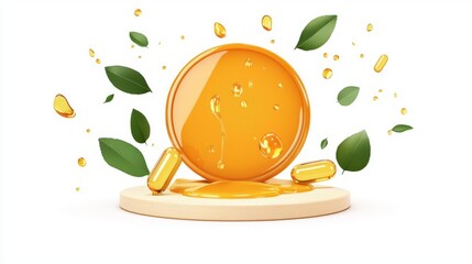 Vibrant orange capsules and leaves, representing health and wellness supplements on a wooden surface.