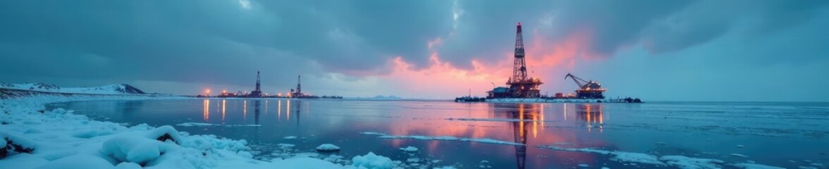 Obraz premium Frozen lake with oil rigs and coal gas pipes on the horizon, rain, gas pipes, ice