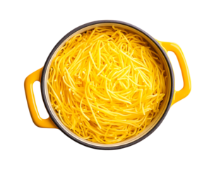 Overhead shot of yellow spaghetti in a yellow pot isolated view