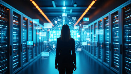 Woman in Server Room with Glowing Data Interfaces