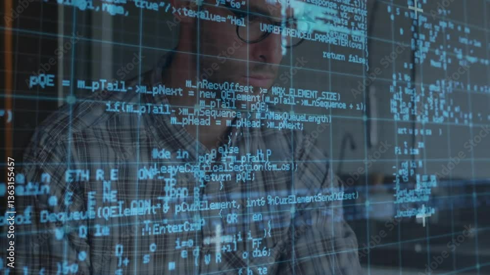 Poster programming animation on transparent screen, person working in tech environment