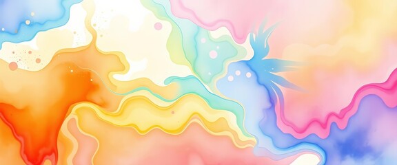 Vibrant rainbow watercolor wash banner, fluid gradients, splashes, stains, festival, wash