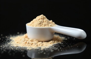 Scoop protein powder. Sports nutrition, healthy lifestyle, bodybuilding supplements. Nutrition for muscle growth. Whey protein, fitness training. Nourishment for energy, weight loss.