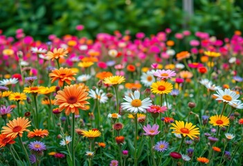 Fototapeta premium Vibrant seamless floral pattern, a field of blooming flowers, sunflower, red