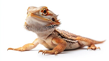 Obraz premium A close-up shot of a bearded dragon lizard against a white background. Its orange and tan scales are striking.