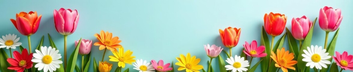 Obraz premium Vibrant spring background with blooming tulips and daisies, plants, tulips