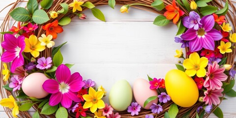 Vibrant spring flowers, leaves, and pastel eggs create a cheerful Easter wreath on a natural frame with a blank card, botanical, card mockup