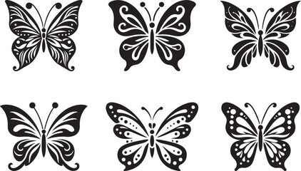 Six elegant black butterfly silhouettes, a collection of intricate wing designs showcasing nature's beauty in a simple, graphic style. © Simu Store