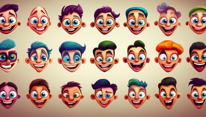 imagen muestra expresiones faciales diferentes, todas con un estilo de dibujo animado clásico de solo ojos boca y nariz, casi de la década de 1930. Predominan los ojos grandes y redondos, 