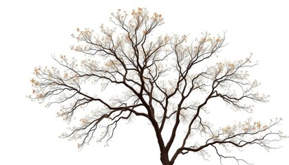 Fototapeta premium Lone deciduous tree, branches reaching skyward, stark white background, resilient, scenic