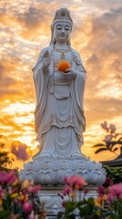 Obraz premium Majestic Guanyin Statue at Sunset Serene Garden Photography Tranquil Setting Inspirational View
