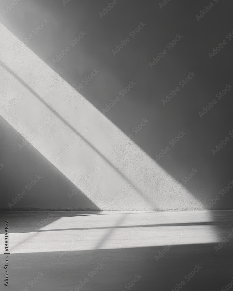 Poster minimalist interior with sunlight casting shadows on textured wall creating a serene and modern atmo