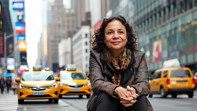 A middle-aged woman with curly hair sits on a suitcase in a bustling city street, wearing a patterned scarf and a jacket. She looks content and thoughtful, with yellow taxis