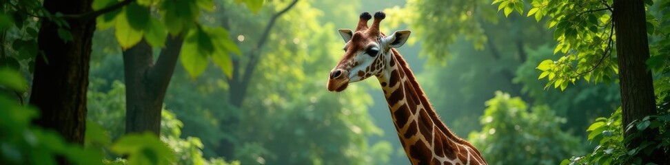 Fototapeta premium Long neck of giraffe with dense forest behind, leafy greens, giraffe, woodland