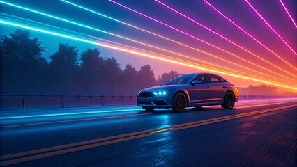 Obraz premium Sleek automobile on asphalt highway with radiant light streaks, conveying concepts of modern transportation, technology, and high-speed travel experience.