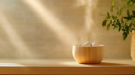 Wooden bowl with aromatic diffuser emitting a soft mist, sunlight beams across a light beige background, green plant.