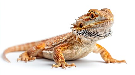 Obraz premium Close-up of a vibrant orange and tan bearded dragon, showcasing its intricate scales and expressive eyes against a stark white backdrop.