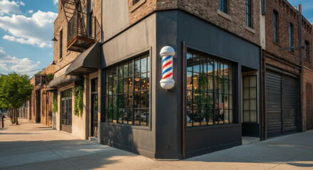 Modern barbershop exterior with industrial loft design in bustling downtown area