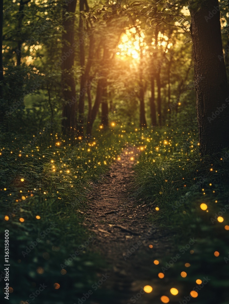 Aufkleber enchanted forest path illuminated by magical fireflies at sunset creating a mystical and serene atmo