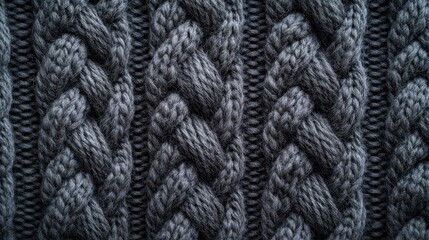 Detailed Close Up of Gray Knitted Wool Fabric with Intricate Braided Cable Pattern Warm and Cozy Texture for Winter Fashion and Craft Projects