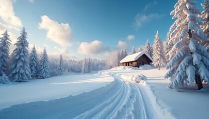 Fototapeta premium Winter landscape with snow-covered trees, ski track leads wooden cabin. Snowy forest at sunny day. White snow, blue sky, winter scene. Peaceful, calm nature.