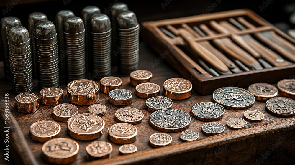 Aufkleber table with many coins and a box of knives. the coins are of different sizes and colors