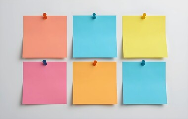 Six blank colorful sticky notes, blank colorful sticky notes for editing, 6 blank different colored sticky notes on transparent background, blank sticky notes