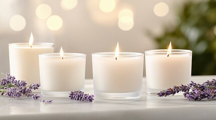 Four lit candles with lavender on marble surface.