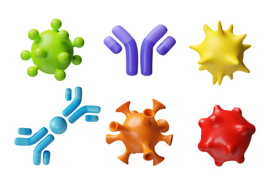 3D Vector set of different shapes and colors, round virus cells and immunoglobulin molecules.