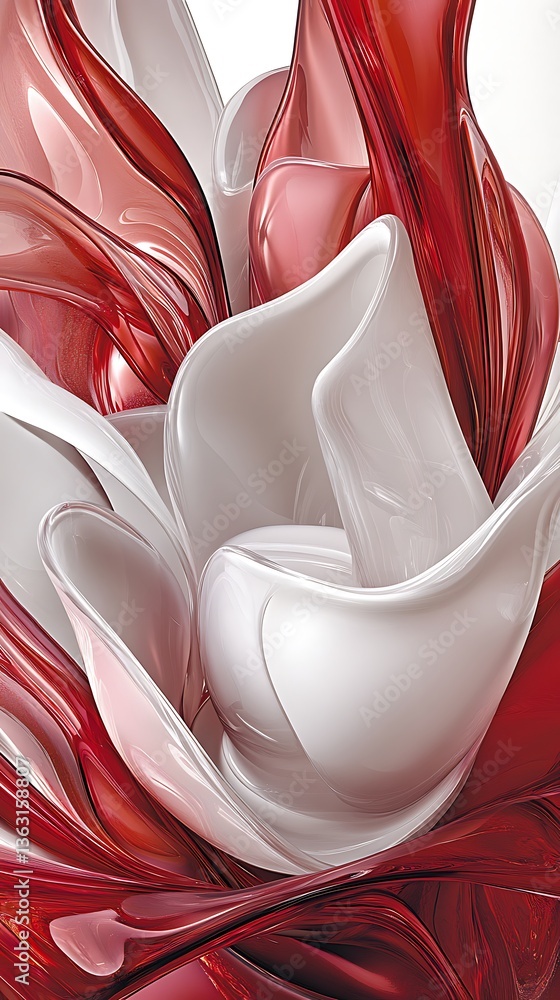 Poster elegant abstract composition with flowing red and white glossy elements