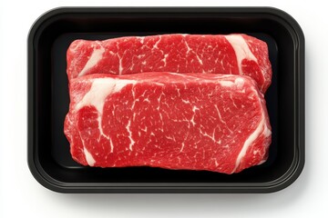 Raw beef steaks in black plastic tray	