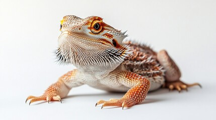 Obraz premium A vibrant bearded dragon, showcasing intricate scales and a striking orange and beige color palette, poses against a stark white background.