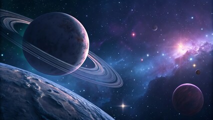 Stunning Cosmic Scene Featuring Ringed Planets, Vibrant Nebulae, and Distant Stars, Creating a Breathtaking Space Exploration Aesthetic.
