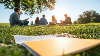 Group of young adults enjoying picnic in sunny park setting.