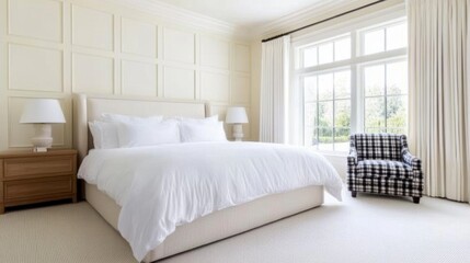 Fototapeta premium Bright bedroom interior features a beige upholstered bed with white linens, wooden nightstands, and a large window