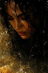 Fototapeta premium Woman submerged with water, dark, and emotion.