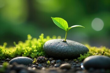 Single isolated pebble with tiny plant growing on it, mossy, green, garden