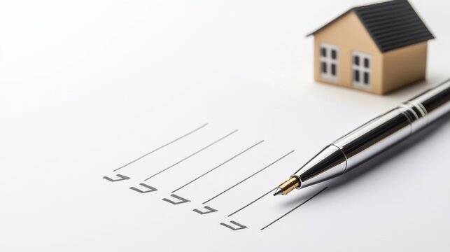 Checklist with pen and miniature house model on white background. Home buying, planning, to do list concept