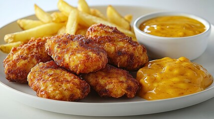 Crispy chicken nuggets with fries and dipping sauce