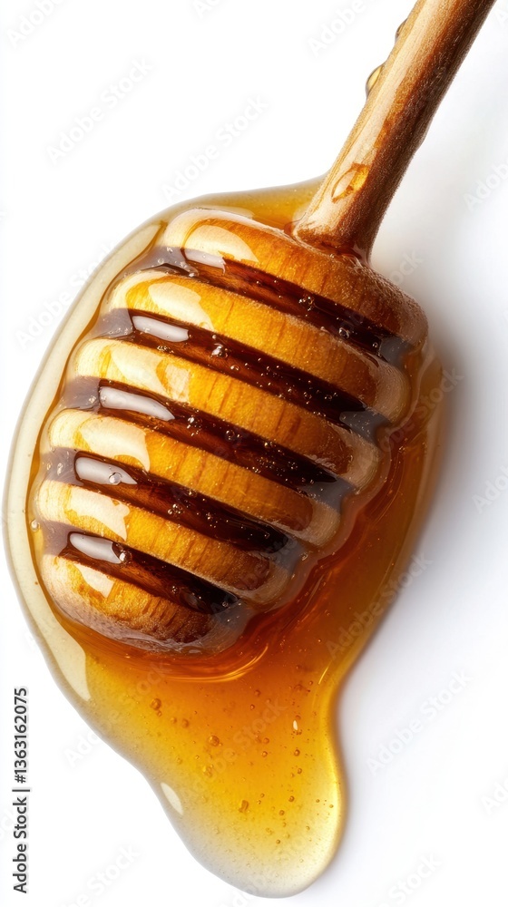 Poster golden honey dripping from a wooden dipper on a white surface creating a sweet and sticky texture ca