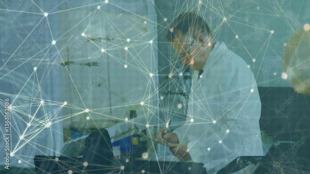 Poster in laboratory, scientist working with network connections and animation data processing