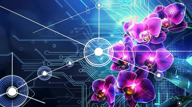 Vibrant orchid flowers merging with glowing blue circuit board lines, symbolizing the fusion of nature and technology