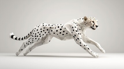 White Low Poly Cheetah Running on Neutral Background
